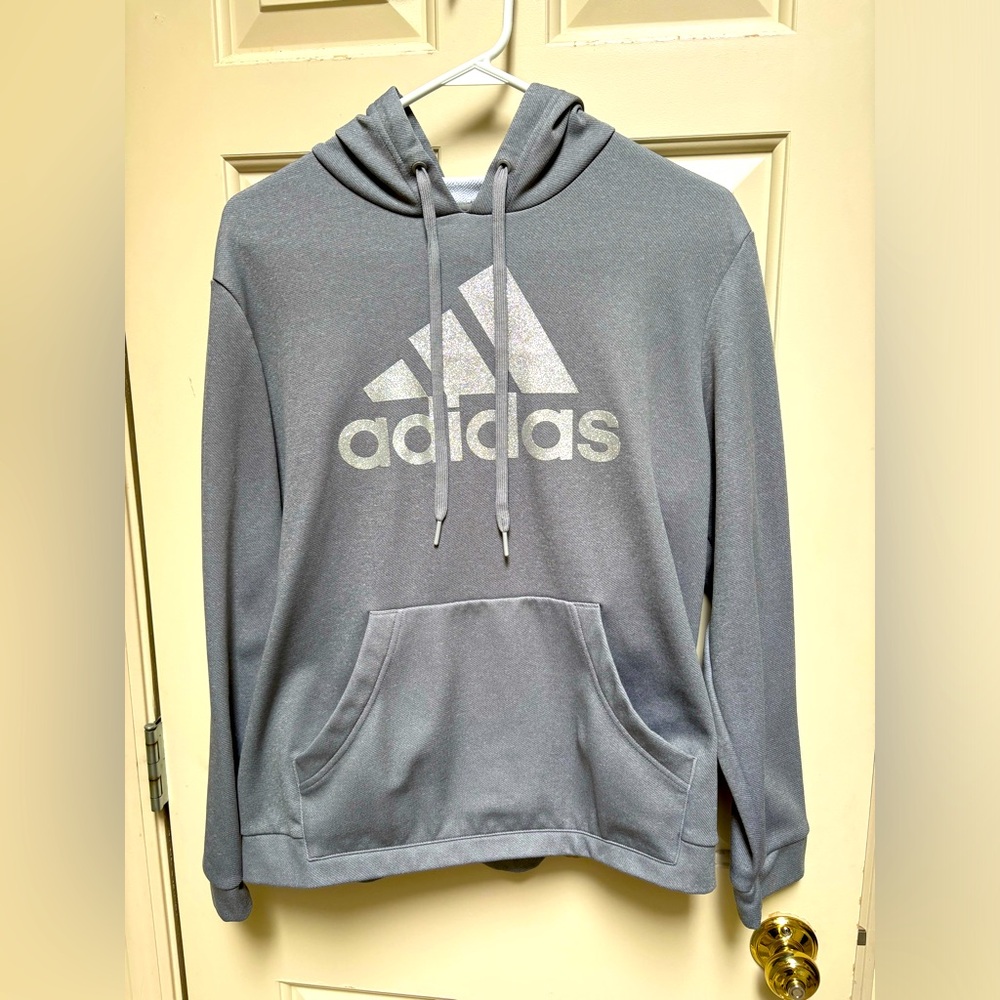 Adidas Women’s Hooded Sweatshirt. Gray with Silver logo. Size XL.